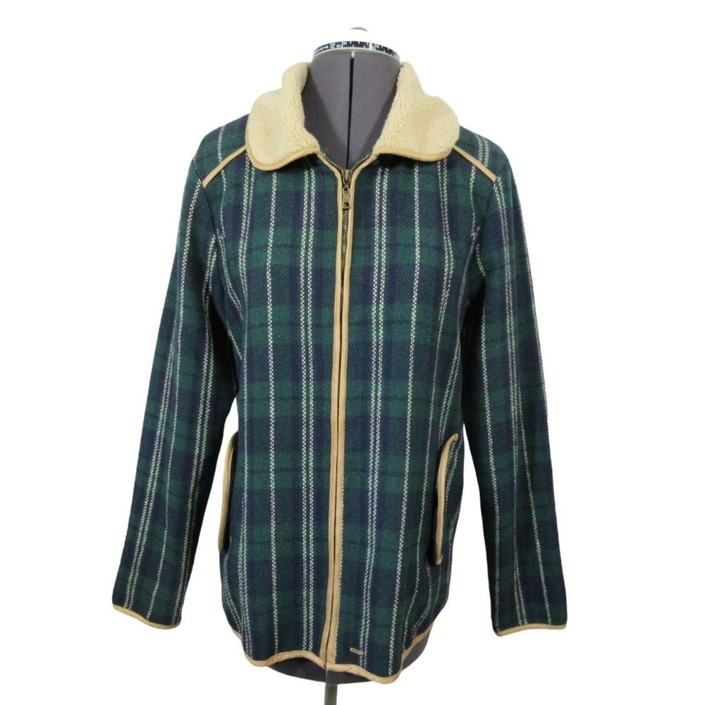 Kling green tartan plaid wool blend fur collar jacket